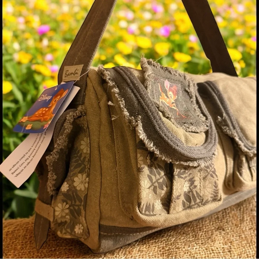 Disney Bambi Canvas Shoulder Bag Floral Patch Pockets Vintage Cottagecore Style